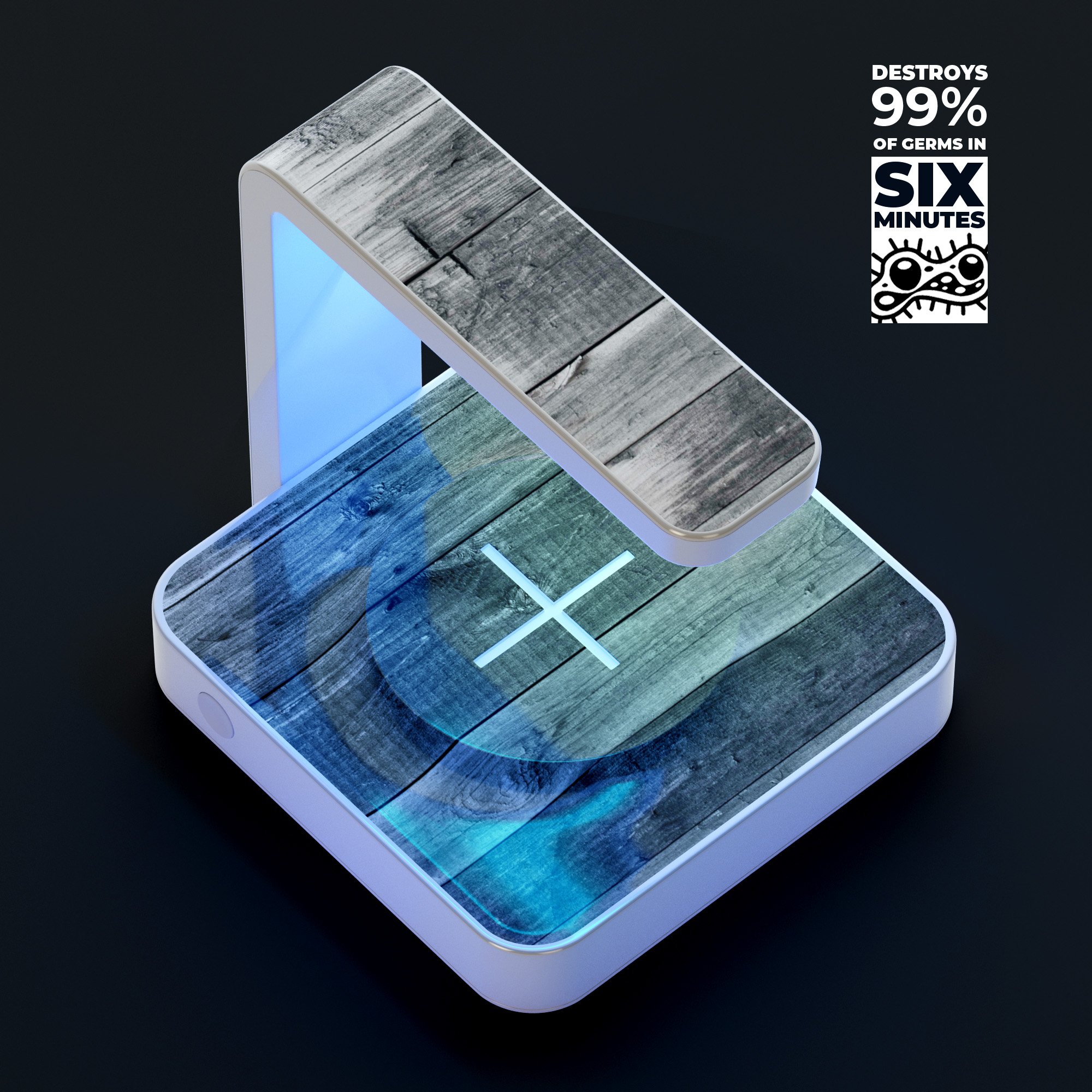 Shades of Gray Vintage Wood UV Germicidal Sanitizing Sterilizing charger with a sleek design, showcasing its wireless charging and sterilizing features.